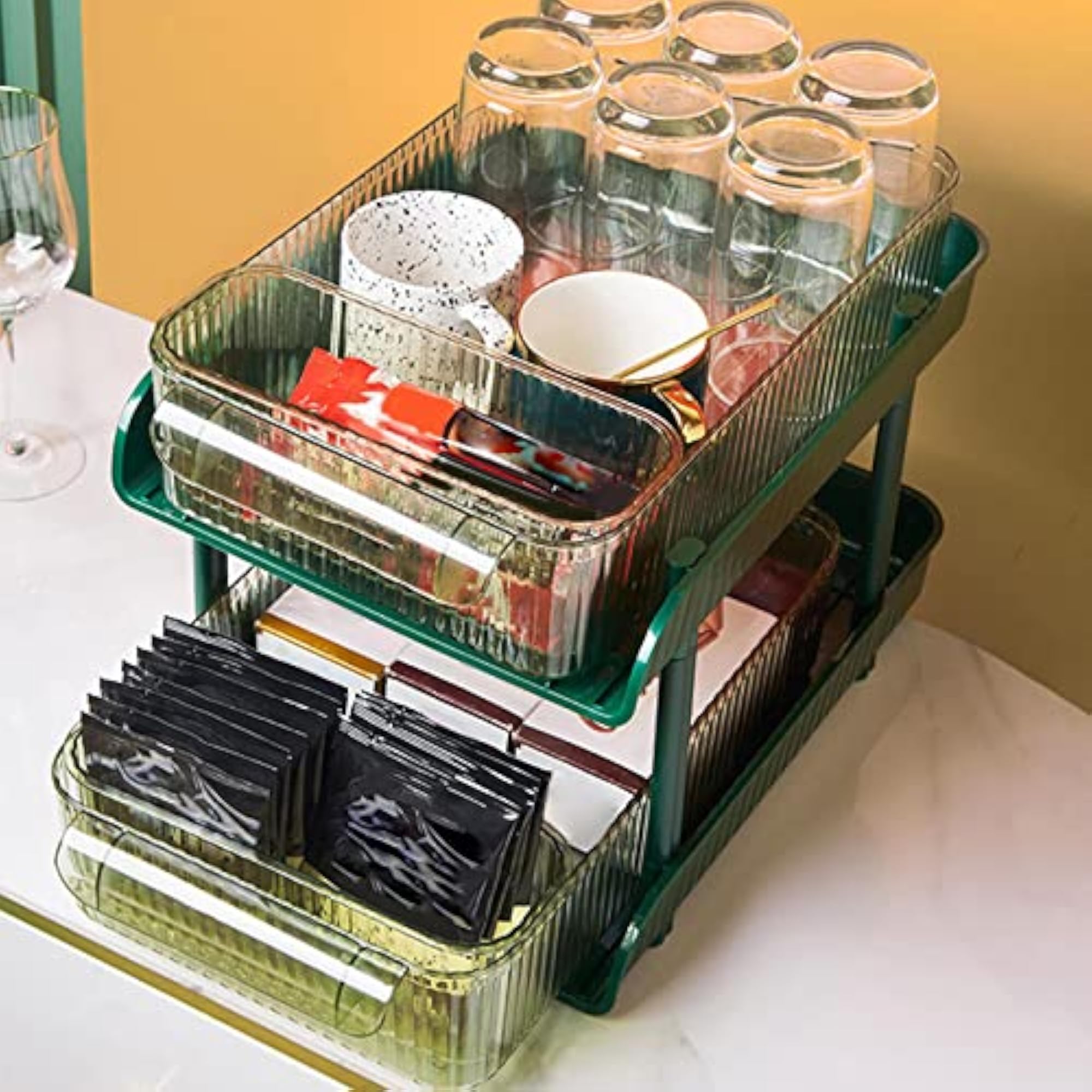 Desktop Organizer Storage with 2 Small Storage Boxes, Olive Green