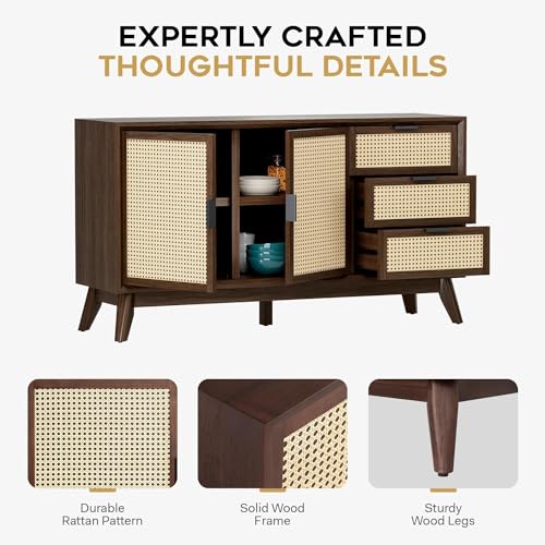 Image of Bme Rattan Pre-Assembled Buffet Sideboard with 3 Drawers & 2 Doors, 58 inch Accent Console Table Living Room, Kitchen, Dining, Walnut, Jasper Storage Cabinet