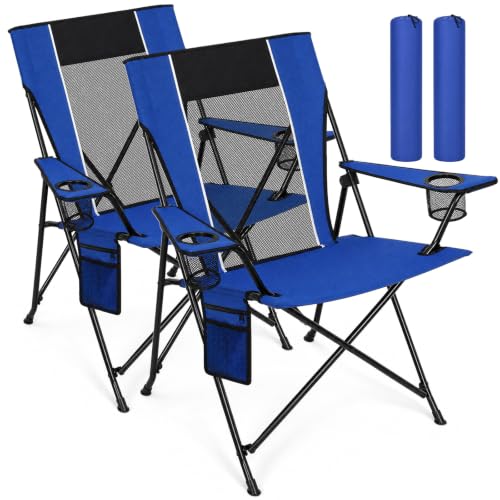 Image of Romswi Portable Folding Camping Chair for Adults, Heavy Duty Outdoor Sports Chair with Dual Cup Holders, Side Pocket and Carry Bag, Camping Chair for Lawn, Beach, Fishing, Picnic and Tailgating,Blue