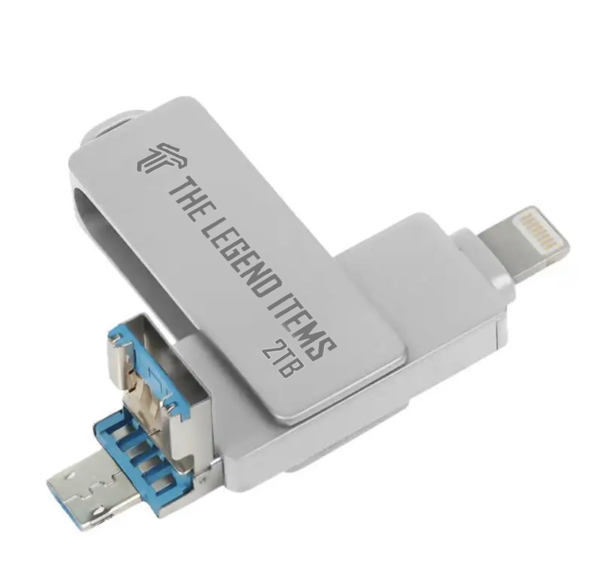 2TB USB Metal Flash Drive 3.0 for Iphone with Keychain 4 in 1 Flash Drive OTG Type A USB + Lightning + Micro USB for Android Devices, PC's, Computers, Cars, Laptops (Silver)