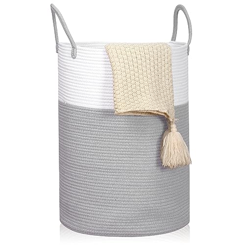 Image of Fixwal 72L Laundry Basket, 16 x 22inches Large Laundry Hamper Tall Cotton Rope Woven Decorative Storage for Living Room, Toys, Towels, Clothes Baby Nursery Bin, (Grey/White)