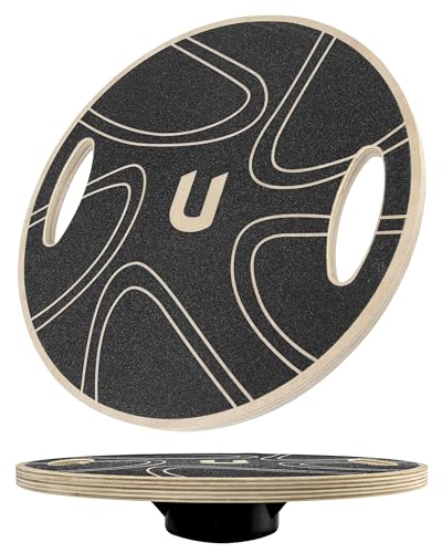 unycos - Tabla de Equilibrio de Madera con Asas y Superficie Antideslizante Ø39,5 cm, Balance Board hasta 150 kg, Inclinación 20°, para Core, Coordinación, Fitness y Rehabilitación (con Grabado)