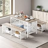 DWVO 3-Piece Dining Table Set for 4-6 People, 63' Dining Room Table with 2 Benches, Industrial Rectangular Dining Room Table Set with Storage for Kitchen, Dining Room, Washed Grey