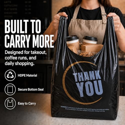 Image of YoYoRain Black Thank you T shirt bag, Grocery shopping bag Reusable and Disposable Supermarket Bag 11''x6''x21'' 300PCS
