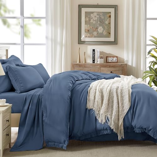 Image of Andency Full Size Comforter Set Bluish Grey -7 Pieces Boho Tassel Bed in a Bag Soft Lightweight Bedding Sets, Fringe All Season Bed Set with Comforter, Sheets, Pillowcases & Shams