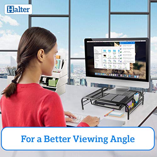 Mesh Monitor Stand Riser & Computer Desk Organizer Black Shelf - with Pull Out Drawer & Side Compartment - for Laptop, iMac, Screens, Keyboard & Printer Holder - Metal (Riser 1 Pack)