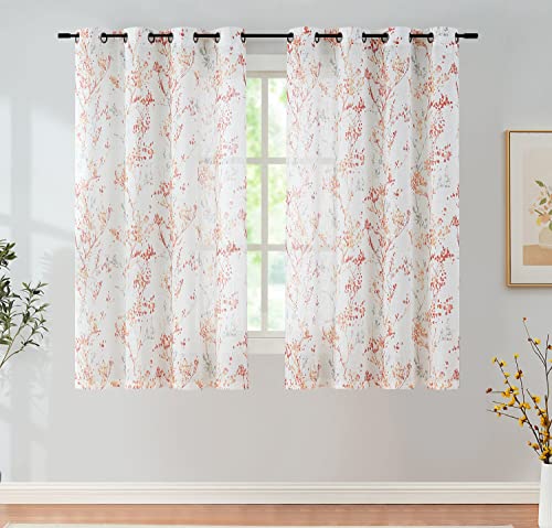 Image of Treatmentex Tree Print Semi-Sheer Curtains 63inch Length White Red Orange Branch Curtain Panels for Living Room Bedroom Linen Textured Look Privacy Semi Sheer Curtains 2pcs Grommet Top