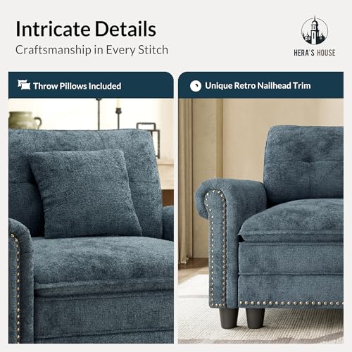 Image of HERA'S HOUSE Modular Sectional Sofa and Chair Set for Living Room 3-Piece | Mid-Century Modern 5-Seater Cloud Sofa Set, Cyan, Rolled Arms & Nailhead Trim, Wider & Deeper Seats, Chenille Furniture Set