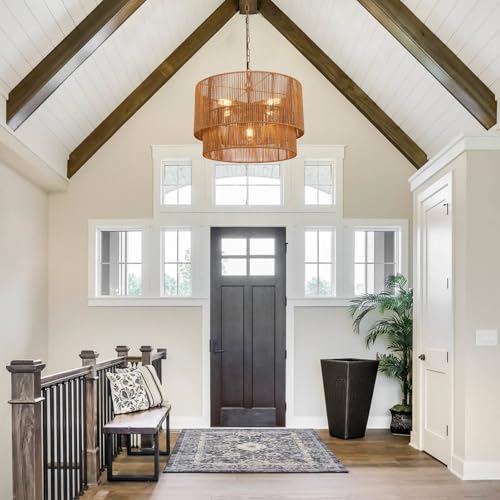 Boho Large Rattan Chandelier Light Fixture, 22 Hand Woven Rustic Boho Chandelier 5-Light Farmhouse Chandelier Hanging Light for Dining Room, Kitchen Island, Living Room, Foyer, Bedroom