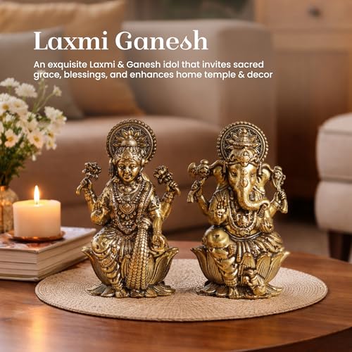 Image of Habere India-All the Cultures Fabricating India Brass Lakshmi Ganesh Idol Set for Pooja Room | Pure Brass Lakshmi Ganesh Murti for Home | Decorative Statue for Mandir (Design02: L4 x W3 x H6.5 cm)