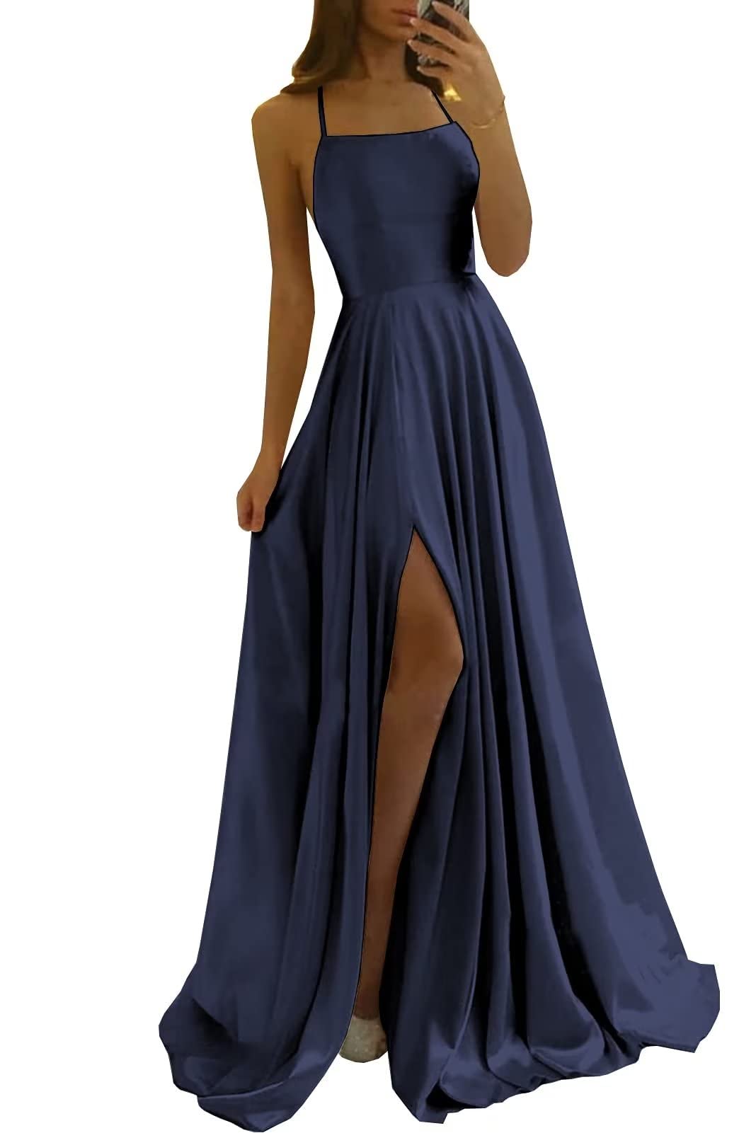 Sincemeet Vestido de Fiesta de satén con Tirantes Finos y Abertura Larga, Vestido de Dama de Honor de Boda