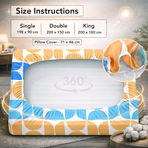 Image of Divine Casa King Size Fitted Bedsheet with 2 Pillow Covers (200 x 180 CM) | Cotton Twill Satin Retro Geometric Print | Beige & Blue Elastic Fitted Sheet for Mattress.