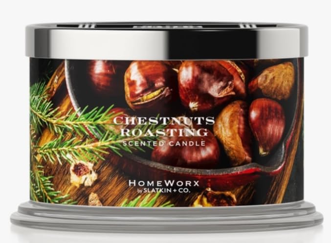 HOMEWORXby Slatkin Chestnuts Roasting 4 Wick 18 Oz - Notes of Roasted Chestnuts, Brown Butter, Nutmeg, Smoked Cedarwood