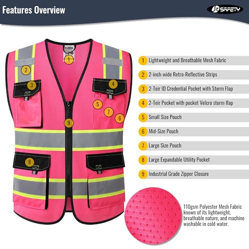 Image of JKSafety Hi Vis Reflective Safety Vests for Men Women High Visibility Vest with Pockets Mesh Fabric Construction Safety Apparel Neon Vest for Work (220-Pink XL)