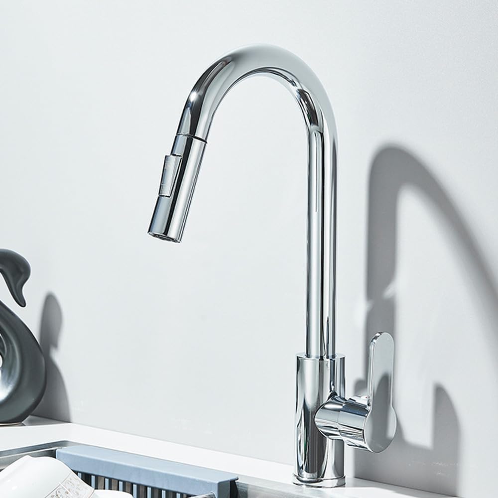 Robinet d'évier de cuisine à tirette pour un nettoyage fluide avec son mitigeur 360° chrome