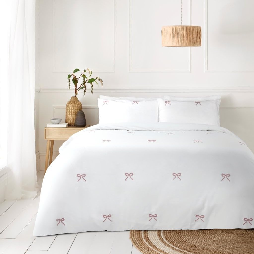 BLOOM BLENDS Hearts and Bows Embroidered Duvet Cover Set – White Bedding with Charcoal and Pink Heart Detail – Soft, Stylish & Romantic Design (Bow Pink, Double) — image 1