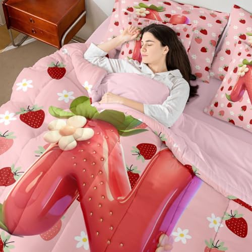 Image of Feelyou Girls Cute Strawberry Queen Comforter Set with Sheets for Kids Boys Girls Pink Strawberry 7 Pieces Bedding Set Initial Letter N Bed in a Bag Room Decor Soft Lightweight Microfiber