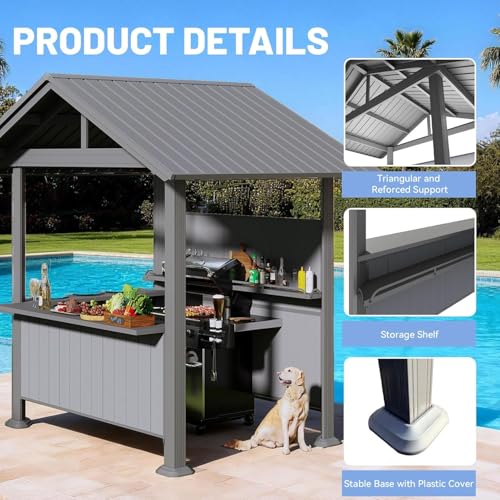 Image of 9x10FT Hardtop Grill Gazebo, Lean to Outdoor BBQ Shelter with Galvanized Steel Slanted Roof, Permanent Metal Grilling Station with Storage Shelves & Bar Platform for Patio (Brown, 9.4x6.2FT)