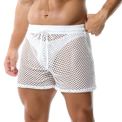 Mens Fishnet Boxer Shorts See Through Mesh Loose Shorts Lounge Underwear Boxer Trunks