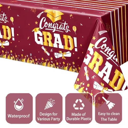 Image of OQOQ Graduation Decorations 2026 Tablecloth (Red,3 Packs), 54x108 Inches 2026 Graduation Congats Party Decorations Plastic Red Table Cloth Disposable Table Cover