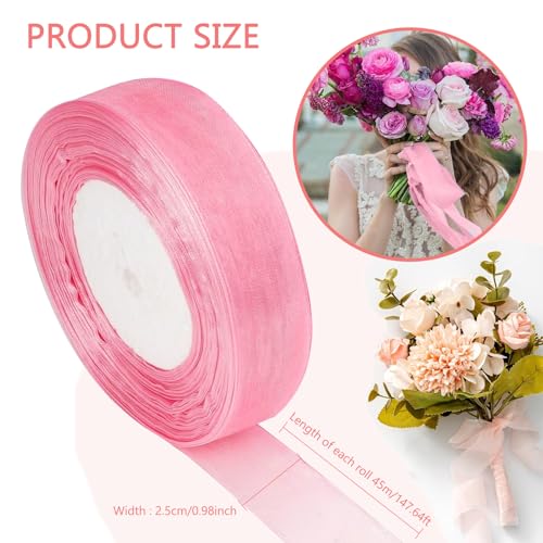 4 Rollen Geschenkband Rosa, 25mm x 45m Organzaband Satinband Schleifenband Hochzeit Seidenband Chiffonband Schmal Organza Dekoband Tüllband Ribbon Bänder zum Basteln für Geschenkverpackung