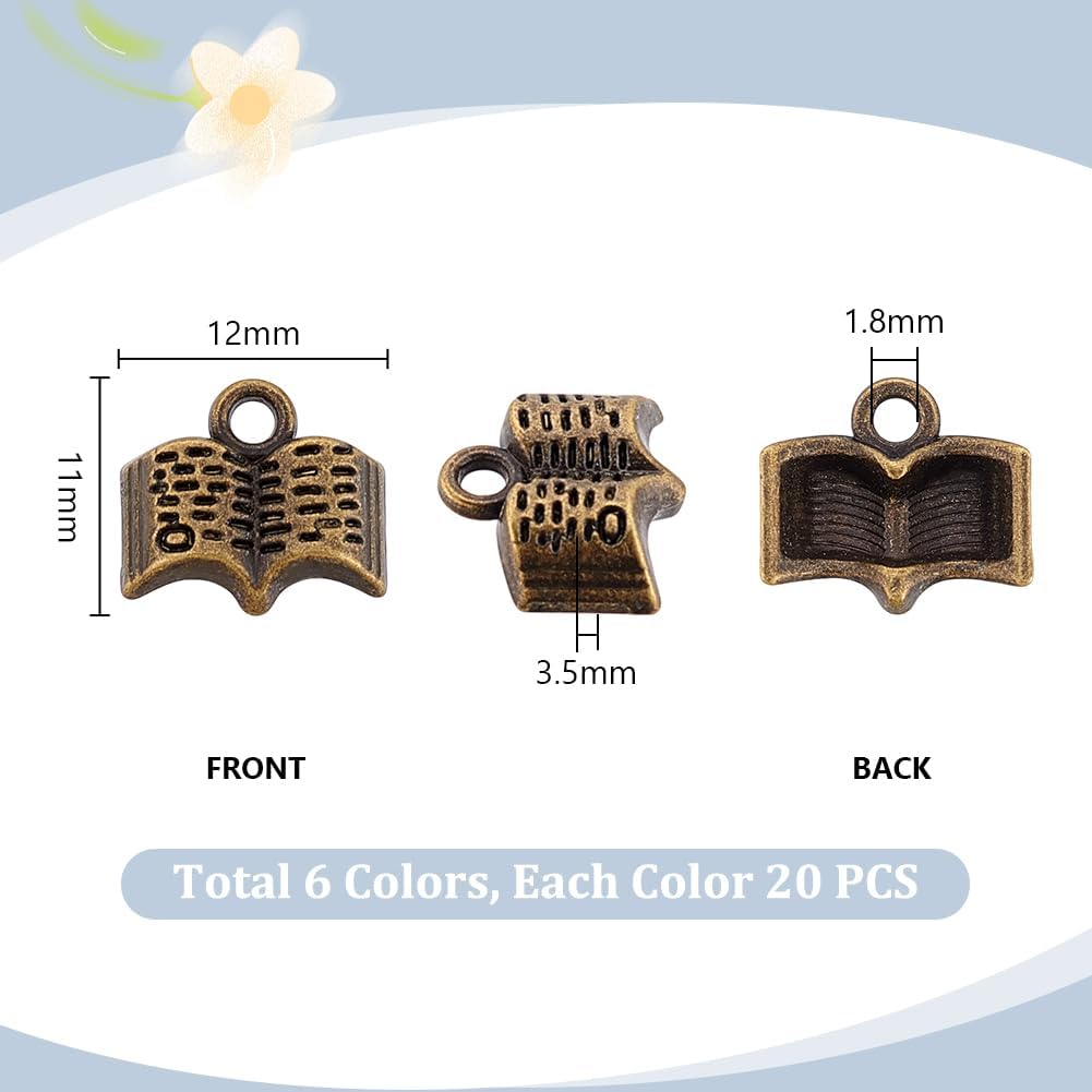 PH PandaHall 120pcs 6 Colors Book Charms Open Book Pendants Tibetan Style Metal Bible Book Charms Knowlege Charm for Necklaces Jewelry Making Bookmark Gift for Readers 11x12mm - Image 2