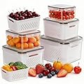 HOMETALL 5 Pack Fruit Storage Containers for Fridge, Plastic Fruit Containers for Fridge with Removable Colanders, Leakproof Fridge Organizers and Storage for Berry Vegetable Salad Lettuce Meat Food