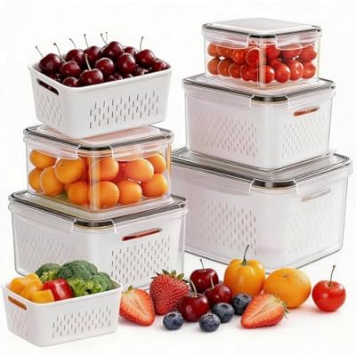 HOMETALL 5 Pack Fruit Storage Containers for Fridge, Plastic Fruit Containers for Fridge with Removable Colanders, Leakproof Fridge Organizers and Storage for Berry Vegetable Salad Lettuce Meat Food
