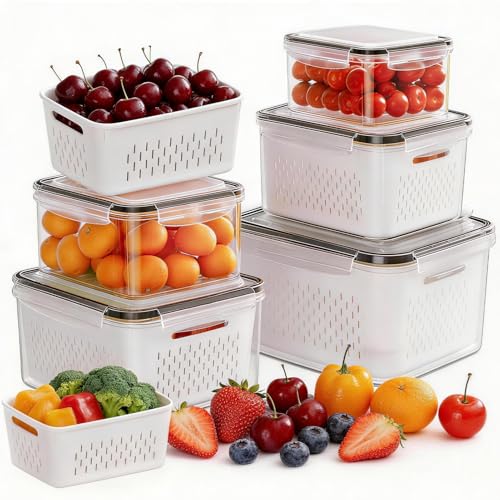 5 Pack Fruit Storage Containers for Fridge, Plastic Fruit Containers for Fridge with Removable Colanders, Leakproof Frid - Detailed View