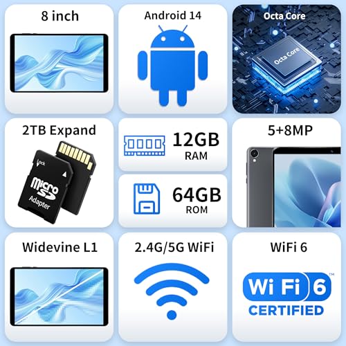 Android 14 Tablet 8 inch Tablets, 2025 Octa-Core Processor, 12GB RAM 64GB ROM 2TB Expand, WiFi 6, Dual 5MP+8MP Camera, BT5.4, 5100mAh Kids Tablets, Widevine L1, Performance Tablet, Gray - Image 8