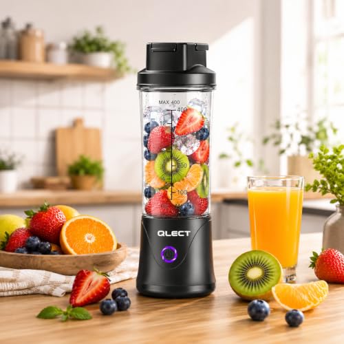 Image of QLECT Portable Juicer Blender 400ML, 22 Stainless Steel Blades, 3000mAh Battery, 7.4V Motor, USB Type-C Rechargeable Smoothie Maker for Fruits, Protein Shakes & Travel(Black)