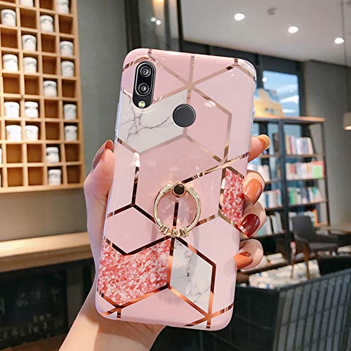 PHEZEN Case for Huawei P20 Lite Case,Girl Women Geometric Marble Pattern IMD Shockproof Clear Bumper Glossy Slim TPU Silicone Back Cover Case with Diamond Ring Holder Stand for Huawei P20 Lite,B