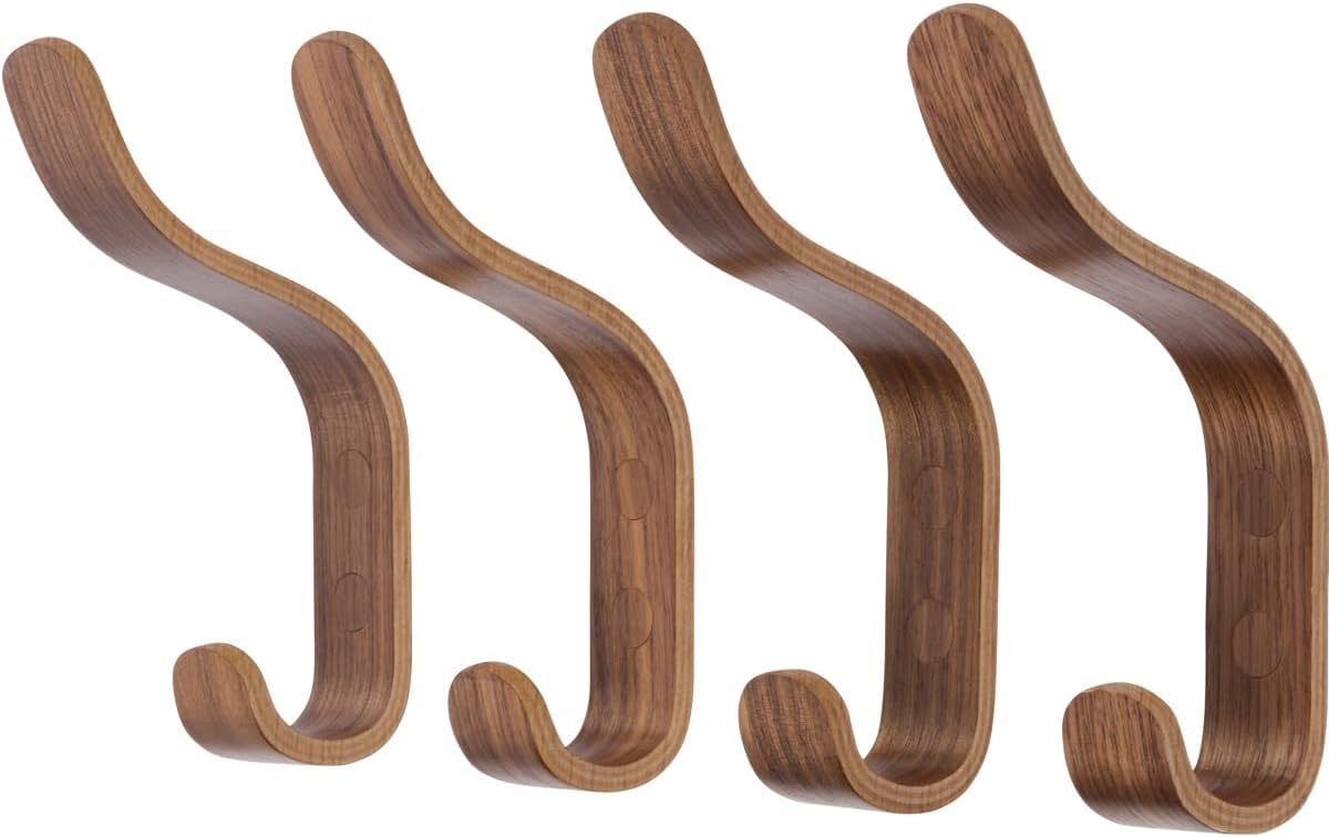 Waveply Walnut Plywood Wall Hooks Set Of 4 Wood Coat Hooks Hanging Clothes Hats Robes Towels Maple Wooden (Walnut)