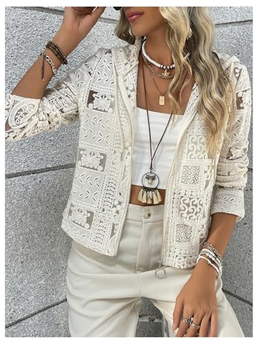 GORGLITTER Women's Lace Jacket Zip Up Sheer Long Sleeve Hooded Crochet Cardigan3