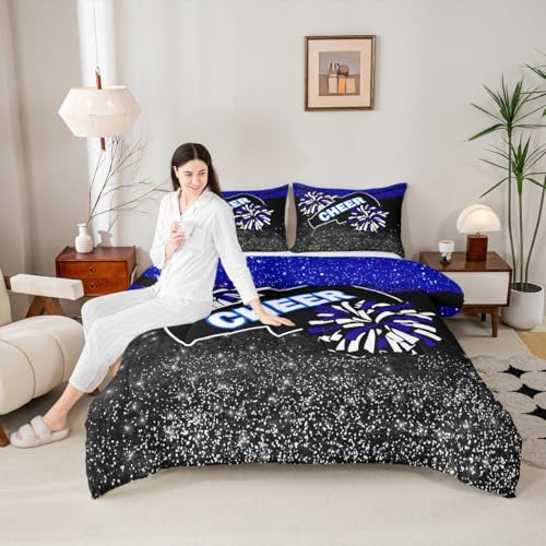 Image of Feelyou Blue Cheer Comforter Set Dreamy Girly Gymnastic Sports Comforter for Kids Boys Girls Gymnastics Lovers Bedding Set Glitter Cheer Sports Duvet Set Room Decor Quilt Full Size Boys