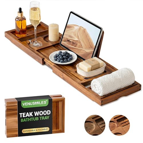 Venusmiles Teak Bathtub Tray Caddy Foldable Bath Tray with Expandable Handles Wine Glass and Phone Holders Book Stand for Home Spa Relaxation Luxury Bathroom Accessories - Light Walnut Color
