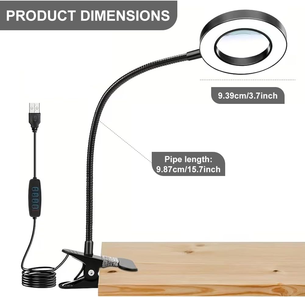 Magnifying Glass Desk Lamp with Clamp, 12 Brightness Levels, 3 Color Modes Clamp Light for Reading, Crafting, Painting, Close Work (White)
