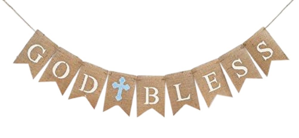 First Communion God Bless Banner - Ready to Hang Burlap Garland - Baptism Christening Church Celebration Decoration – Pink Cross Confirmation Design by Jolly Jon
