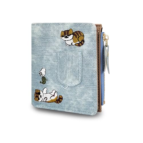 Womens Wallet, PU Leather Small Wallet Bi-fold Cute Wallet with Cat Embroidery, Large Capacity Ladies Wallet for ID Cards, Bank Cards, Credit Cards, Cash (blue)