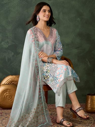 Image of Naixa Women's Organza Embroidered Straight Kurta with Pant and Dupatta Sets (NX-453)