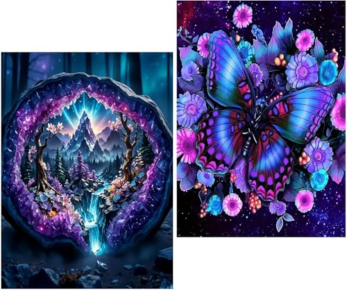 Amyaker ダイヤモンドアート キット 丸いビーズ 全面 2個セット ダイアモンドビーズ絵画キット DIY 手作り絵画 モザイクアート 5D モザイクアート ダイヤモンド塗装 全面貼り付けタイプ 30x40cm 水晶 蝶