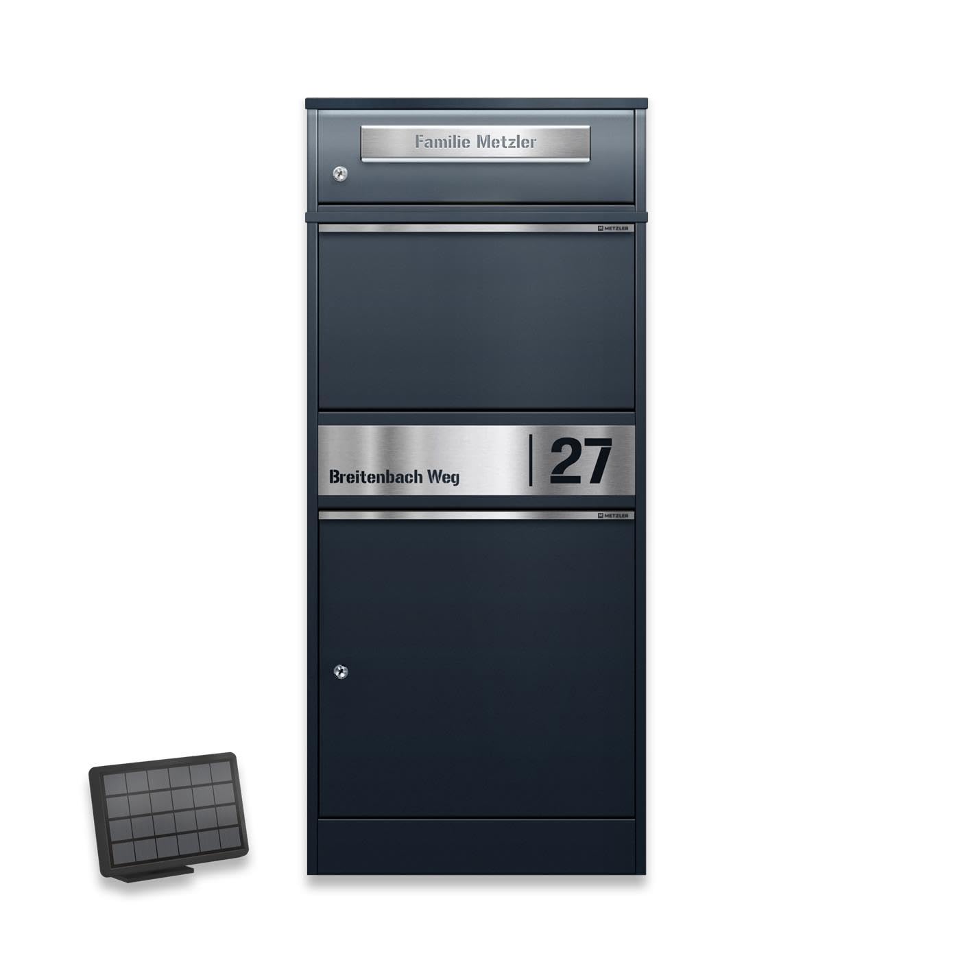 Metzler® boîte aux Lettres Colis avec éclairage LED Solaire et Plaque nom gravée RAL 7016 Anthracite – Acier thermolaqué sur Pied, capacité XL sécurisée et résistante intemperies Bispo 2