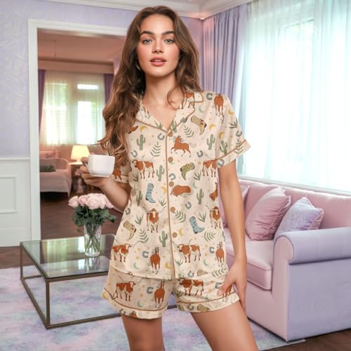 Image of HUNTFAMI Womens Soft Silky Satin Pajamas Set, 2 Pcs Sleep Short Pajamas for Mom and Grandma Button Down Summer Loungewear
