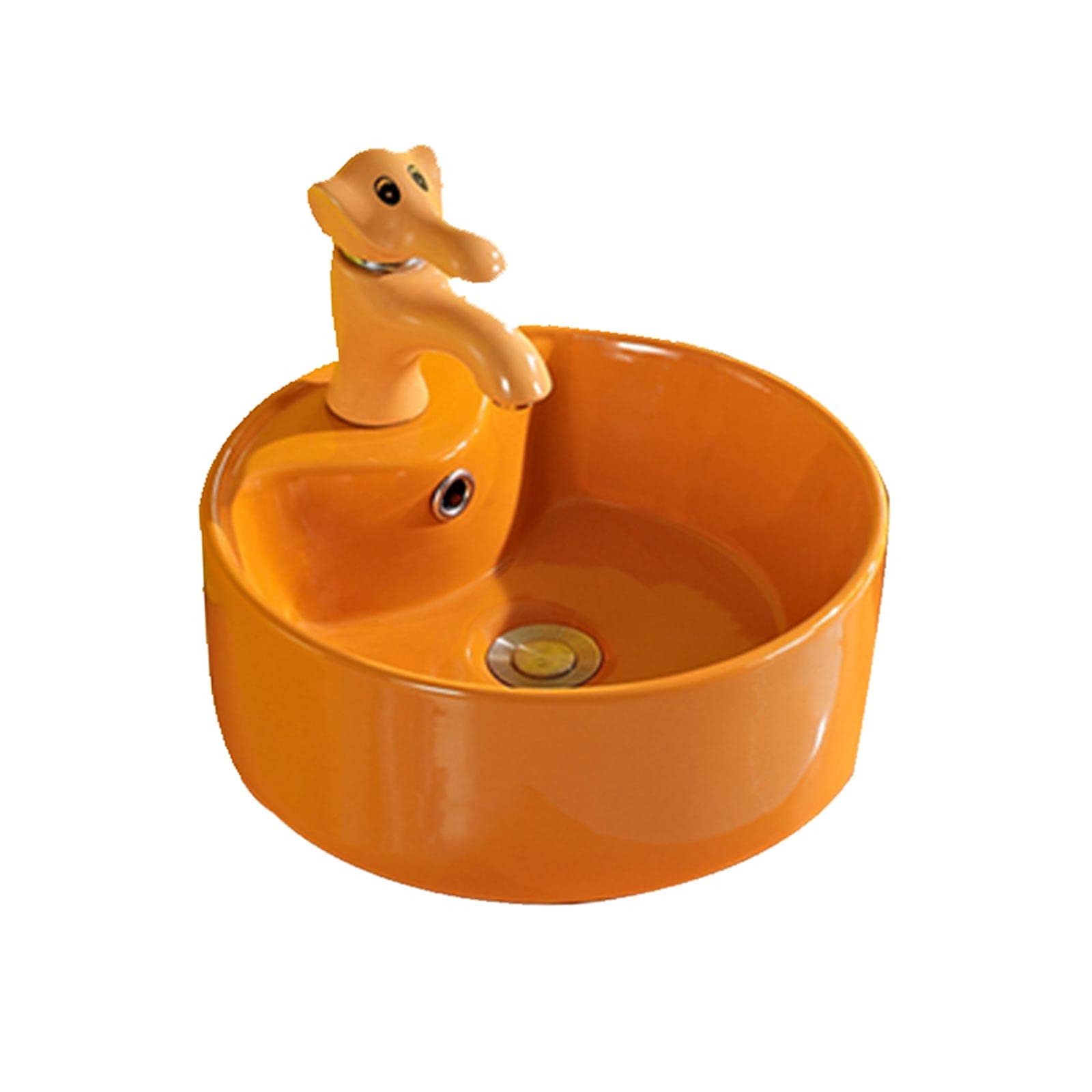 Sjdopulse Orange Cute Round Ceramic Bathroom Sink With Animal Shaped Faucet Washbasin Set Ceramic Bathroom Sink Small Sink,