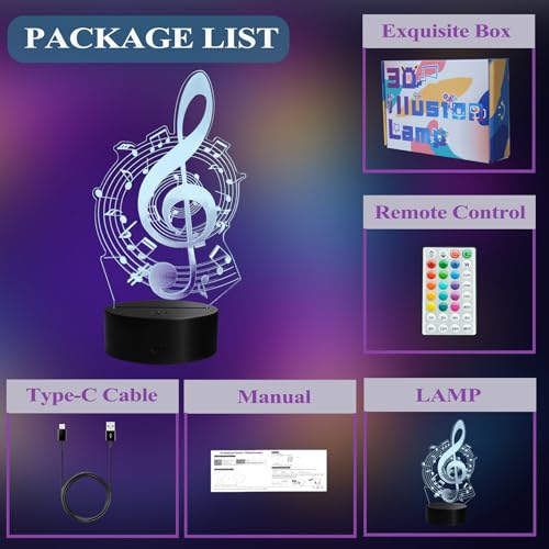 Image of Music Note Gifts, 3D Illusion Lamp, 3D Music Night Light with 16 Colors Remote and Touch Control, Timer, Dimmable and 4 Flash Modes, Music Note Decor for Kids Room, Girls Birthday Gifts