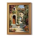 ARPEOTCY Gold Framed Canvas Prints Wall Art,Mediterranean Village Wall Art, 16x12 Inch Framed Italian Street Canvas Painting, Tuscan Landscape Artwork for Living Room, Kitchen, or Entryway Decor