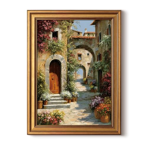 ARPEOTCY Gold Framed Canvas Prints Wall Art,Mediterranean Village Wall Art,