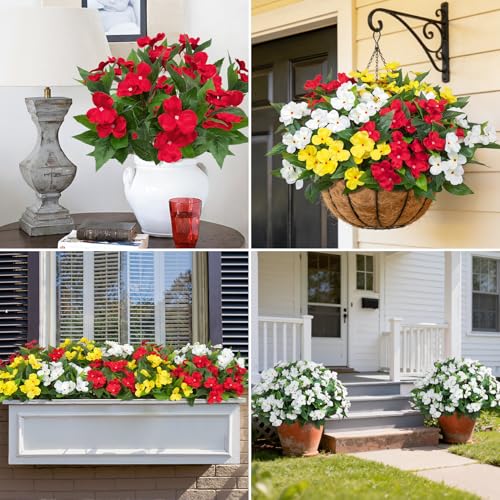 Image of Bassion 6 Bundles Artificial Flowers for Outdoors Fake Impatiens, Colorful | UV resistant, silk flowers, no fade realistic faux plants, outside patio garden porch planters window box balcony home decor
