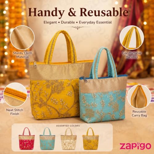 Image of Habba Embroidery Design Hand Bag for Women, Padded Handles, Zip Closure, Compact Ethnic Festive Wedding, Mehendi, Haldi Kumkum, Tamboolam, Shagun, Return Gift Bag for Guests, Pack of 5