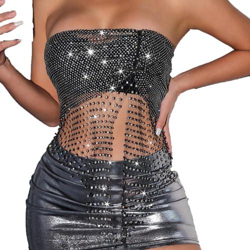 Women's Glitter Halter Tops Sparkle Crystal Rhinestone Chain Crop Top Metal Sequin Club Party Rave Nightclub Outfit Black-02-XS